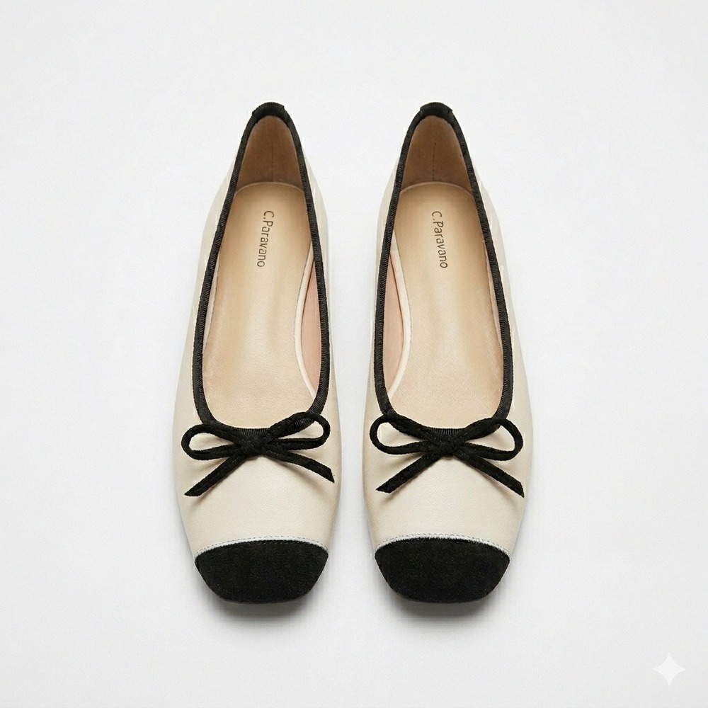 C.Paravano Ballet Flats Cap Toe Square Toe Bow Detail Shoes Cream Black Size 40